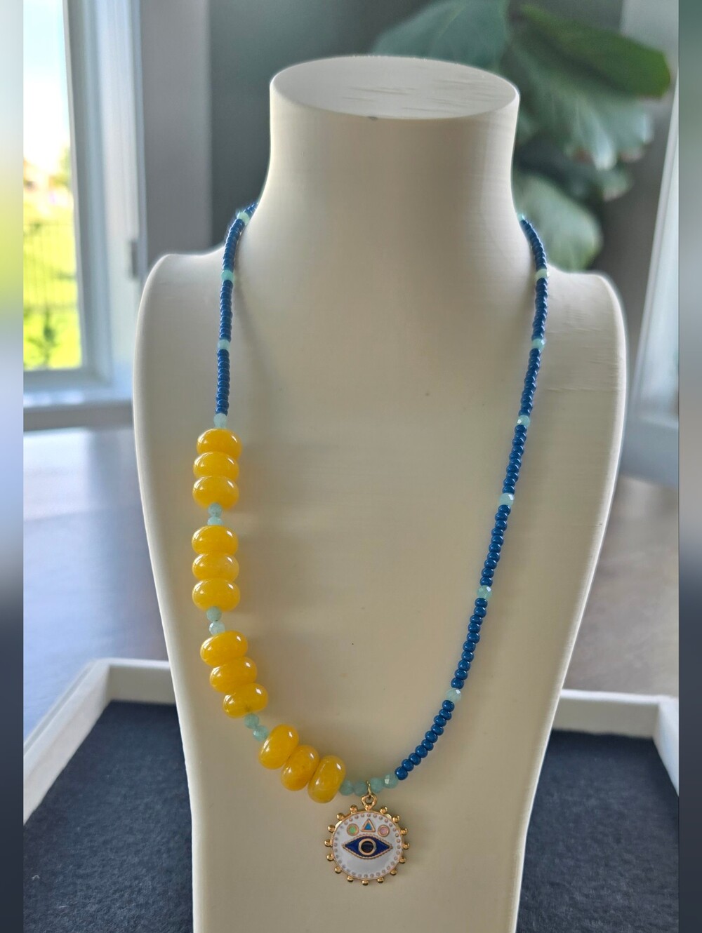 Handcrafted Yellow Jade And Czech Glass Beaded Necklace with Evil Eye Pendant